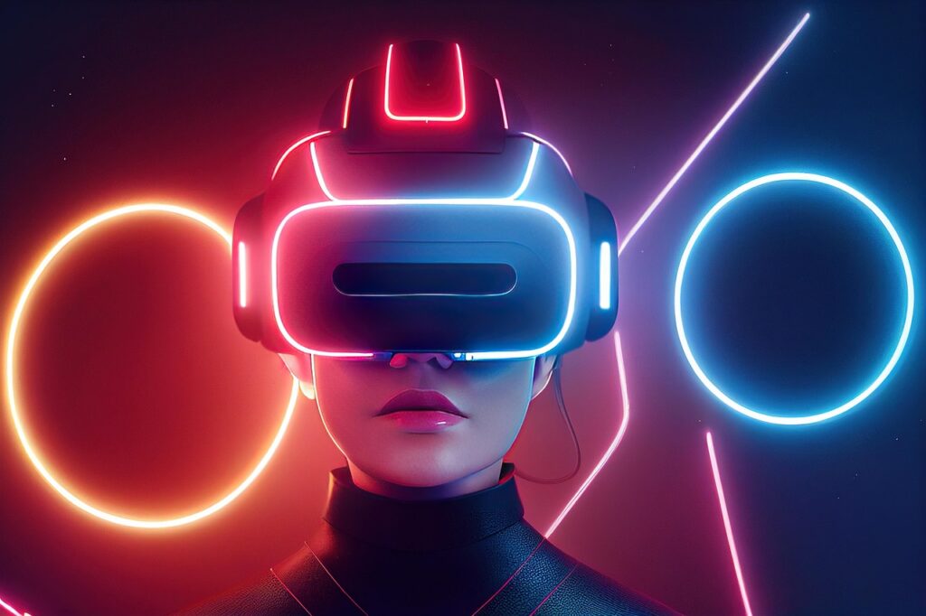 virtual reality, caucasian, metaverse, woman, lady, female, adult, vr, blue, red, neon, cyberpunk, futuristic, technology, digital
